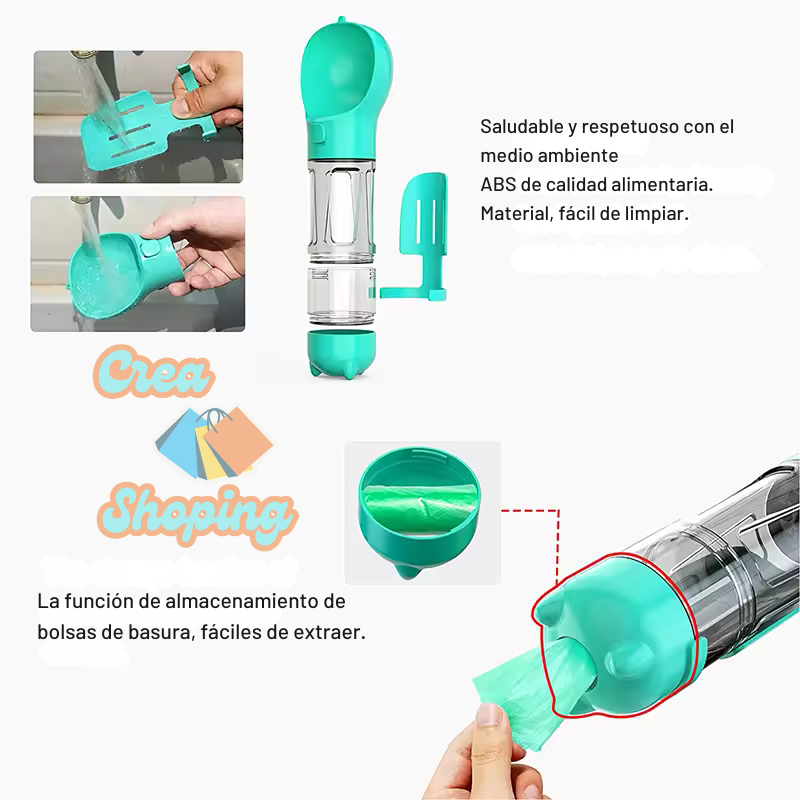 Botella Portátil 3 en 1 para Mascotas – Agua, Comida y Dispensador de Bolsas en un Solo Diseño 🐶🐾